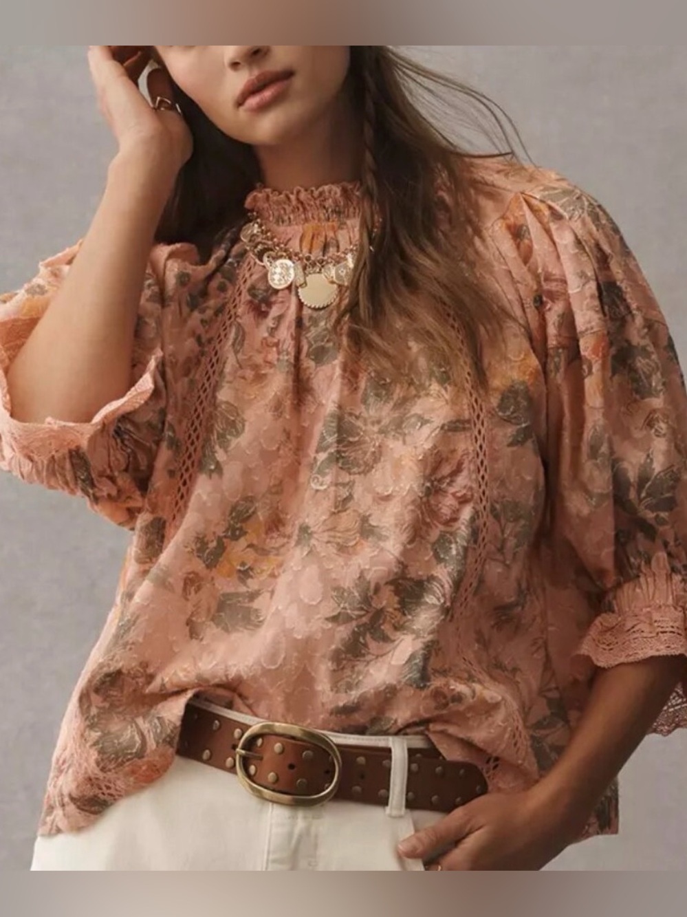 Anthropologie Pilcro Peach Floral Lace-Trim Peasant Tunic